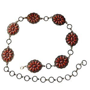 Western Style Chain Belt With Ornate Floral Medallions & Silver-Tone Finish 43”